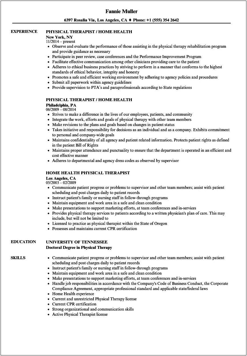 Sample Resumes For Physical Therapist Assistant