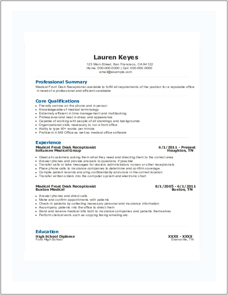 Sample Resumes For Receptionist In Medical Offices