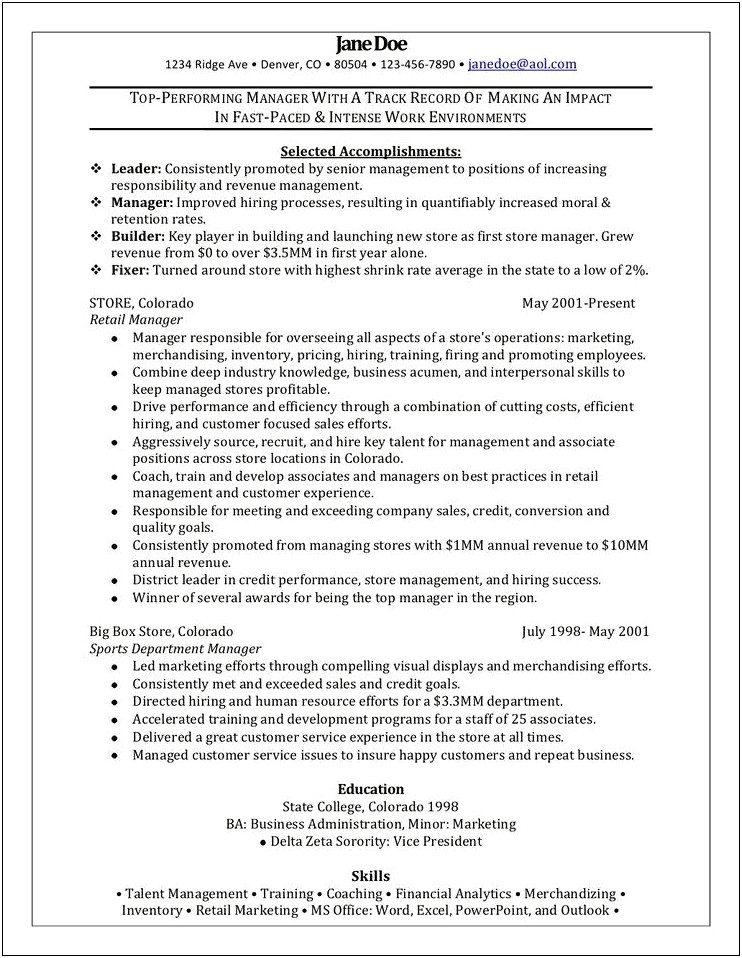 Sample Resumes For Retail Sales Management