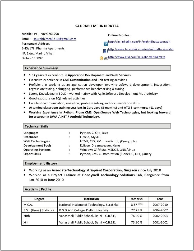 Sample Resumes For Two Years Engineer