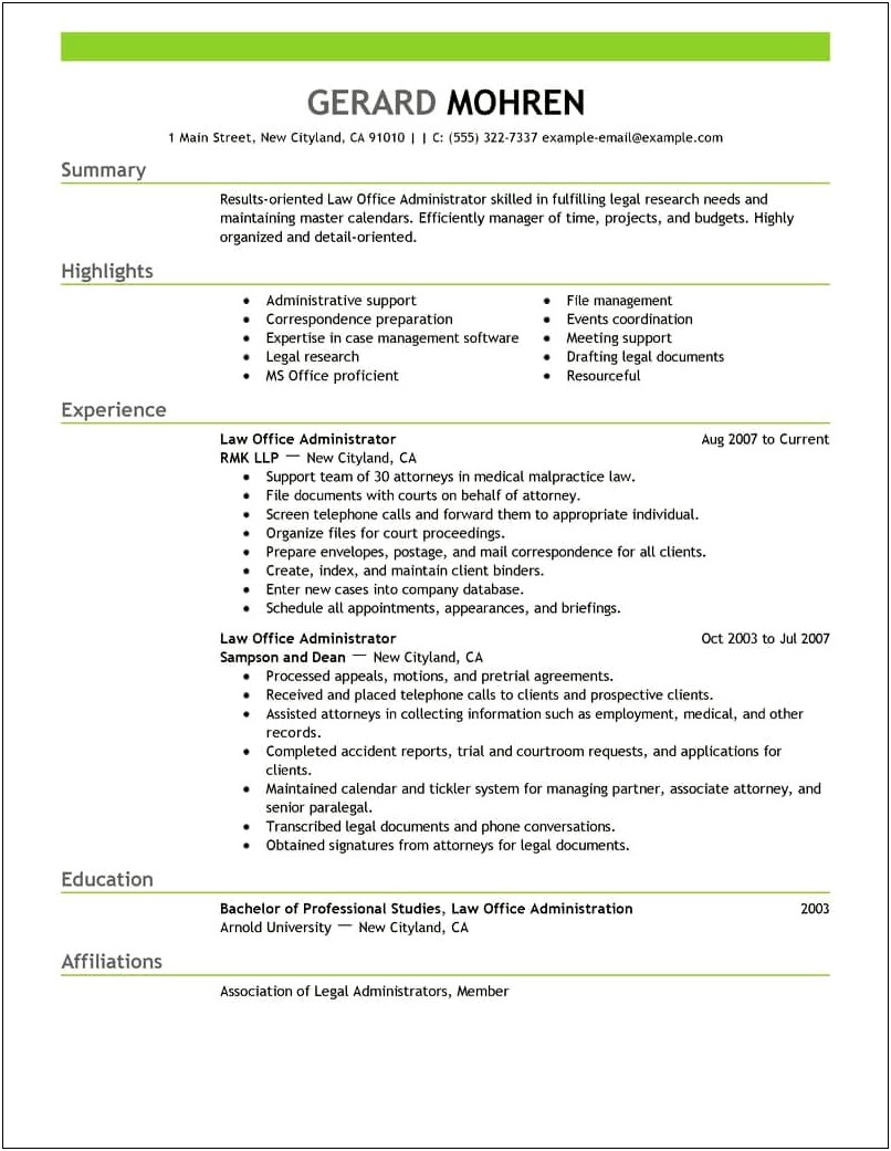 Sample Resumes Of Legal Admin Support