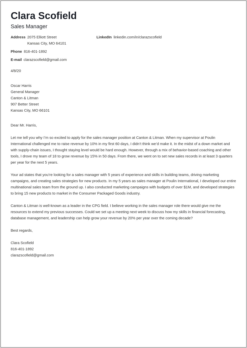 Sample Sales Manager Resume Cover Letter