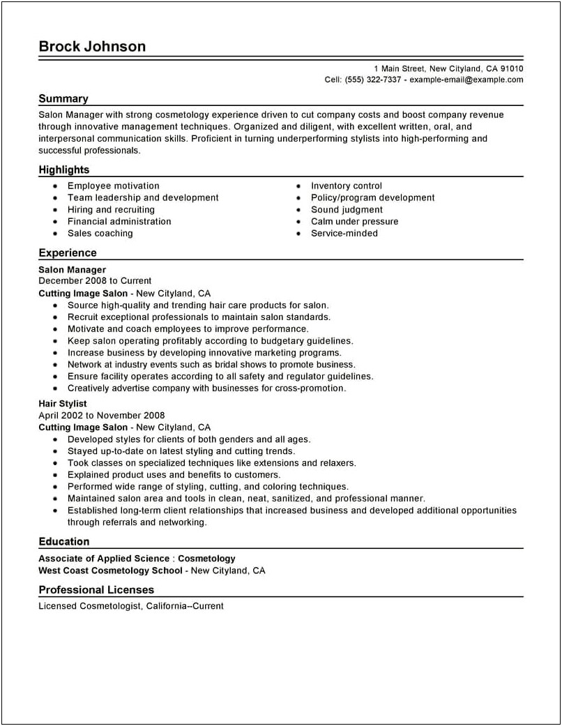 Sample Salon Owner And Manager Resume
