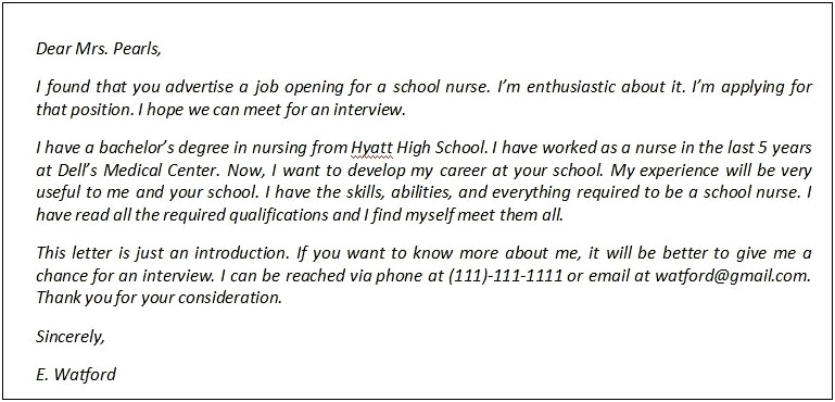 Sample School Nurse Resume Cover Letter