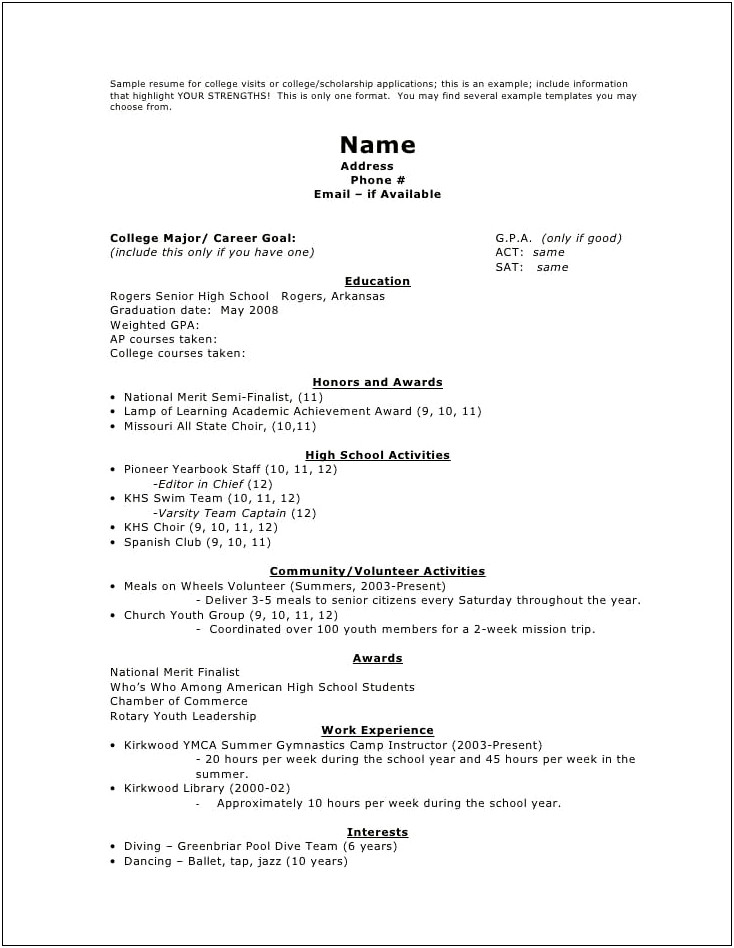 Sample Senior High School Student Resume