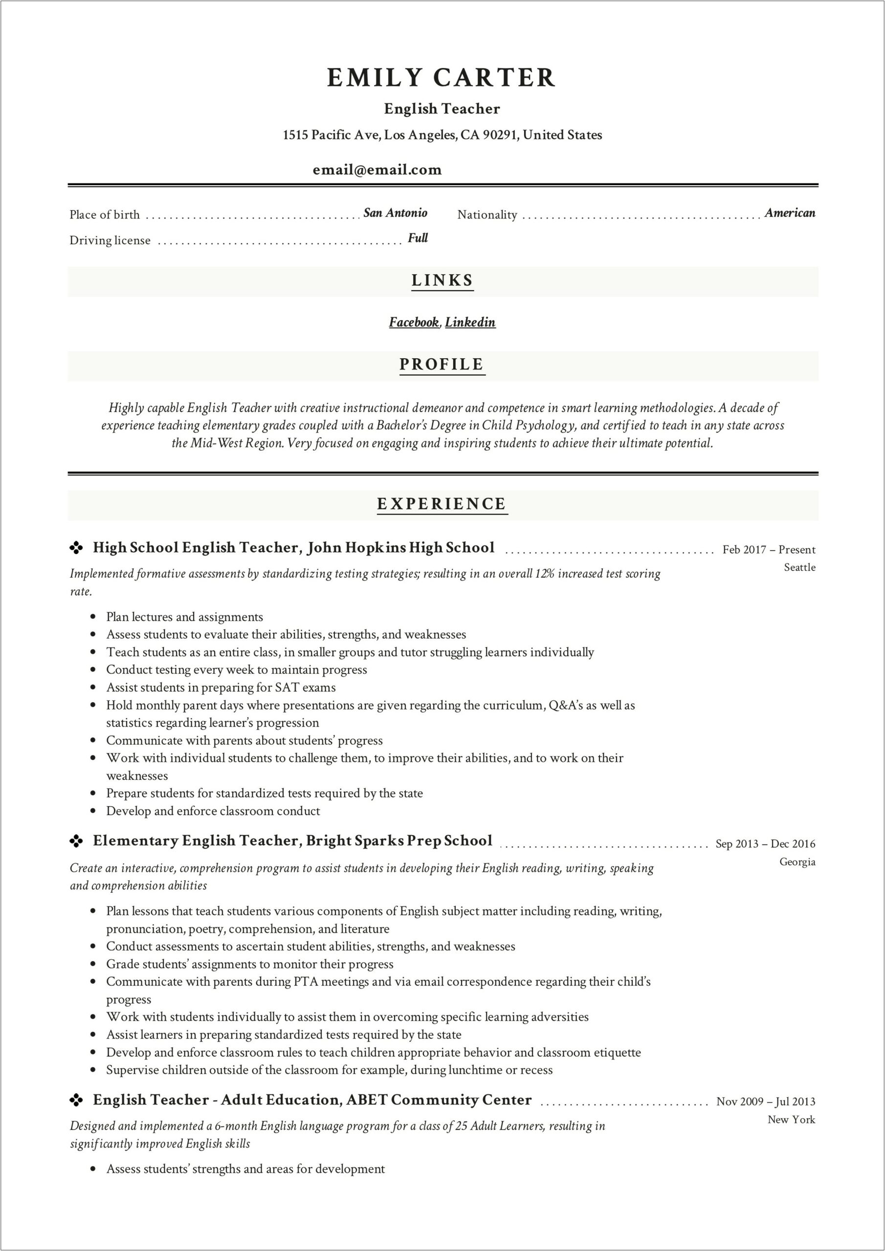 Sample Simple Resume Printable High School