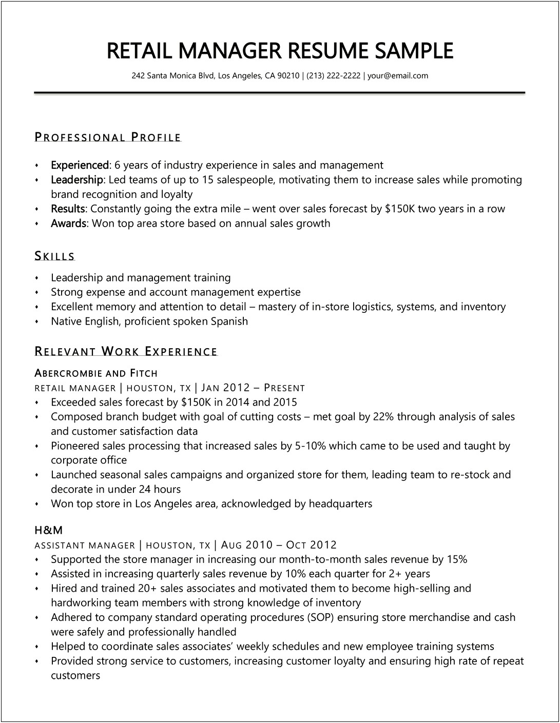 Sample Skill Resume For Retail Department Manager