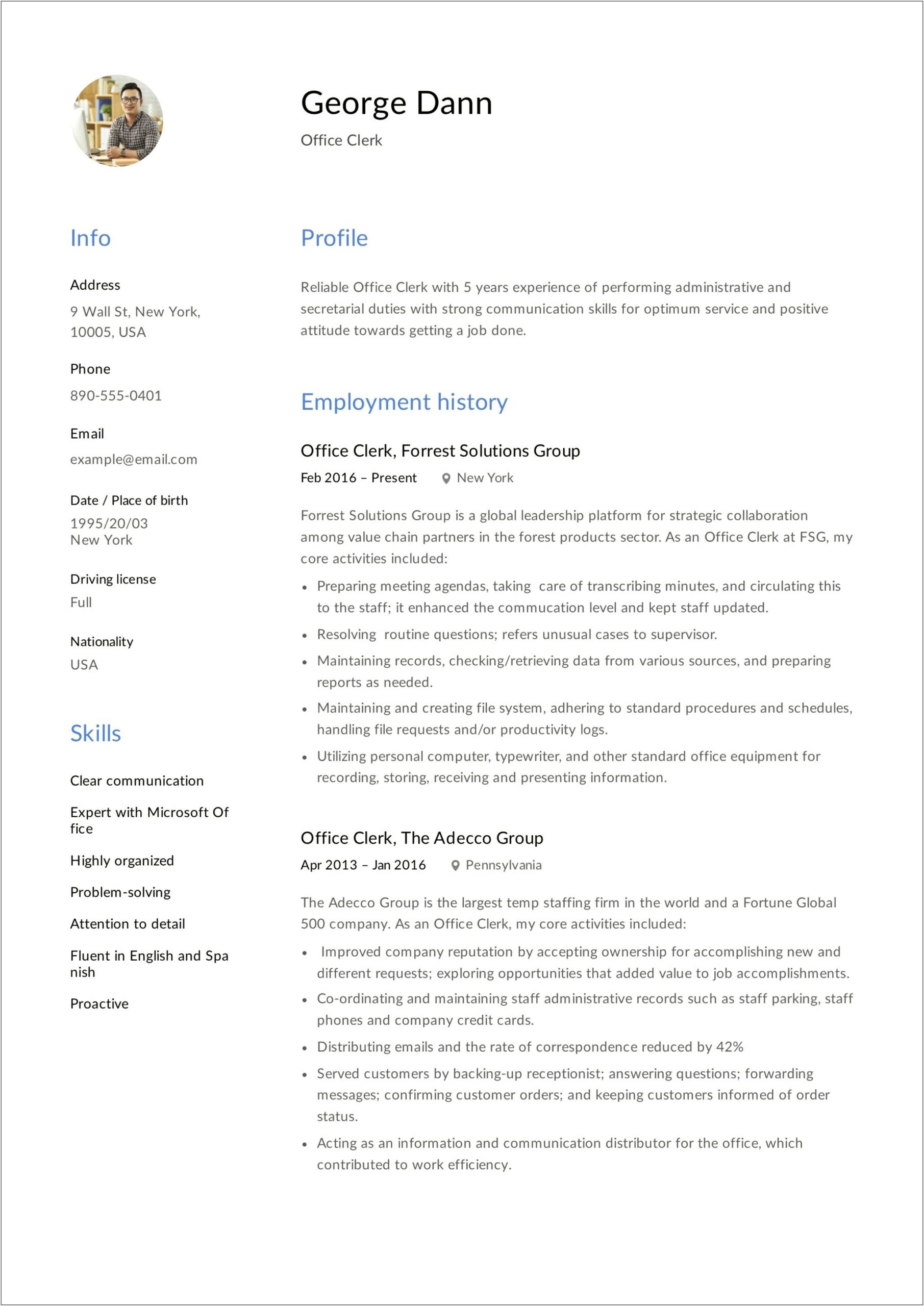 Sample Skills For General Office Clerk Resume