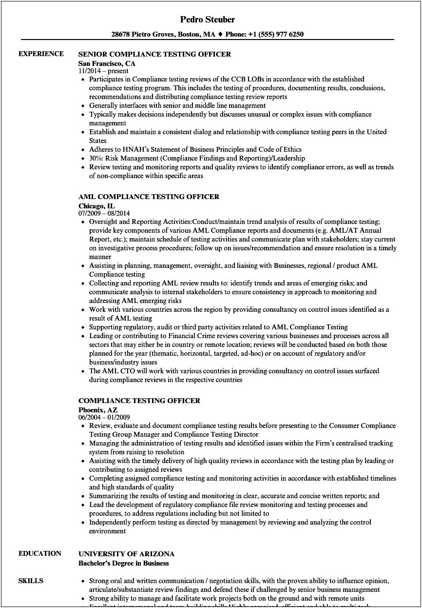Sample Skills On Compliance Manager Resume
