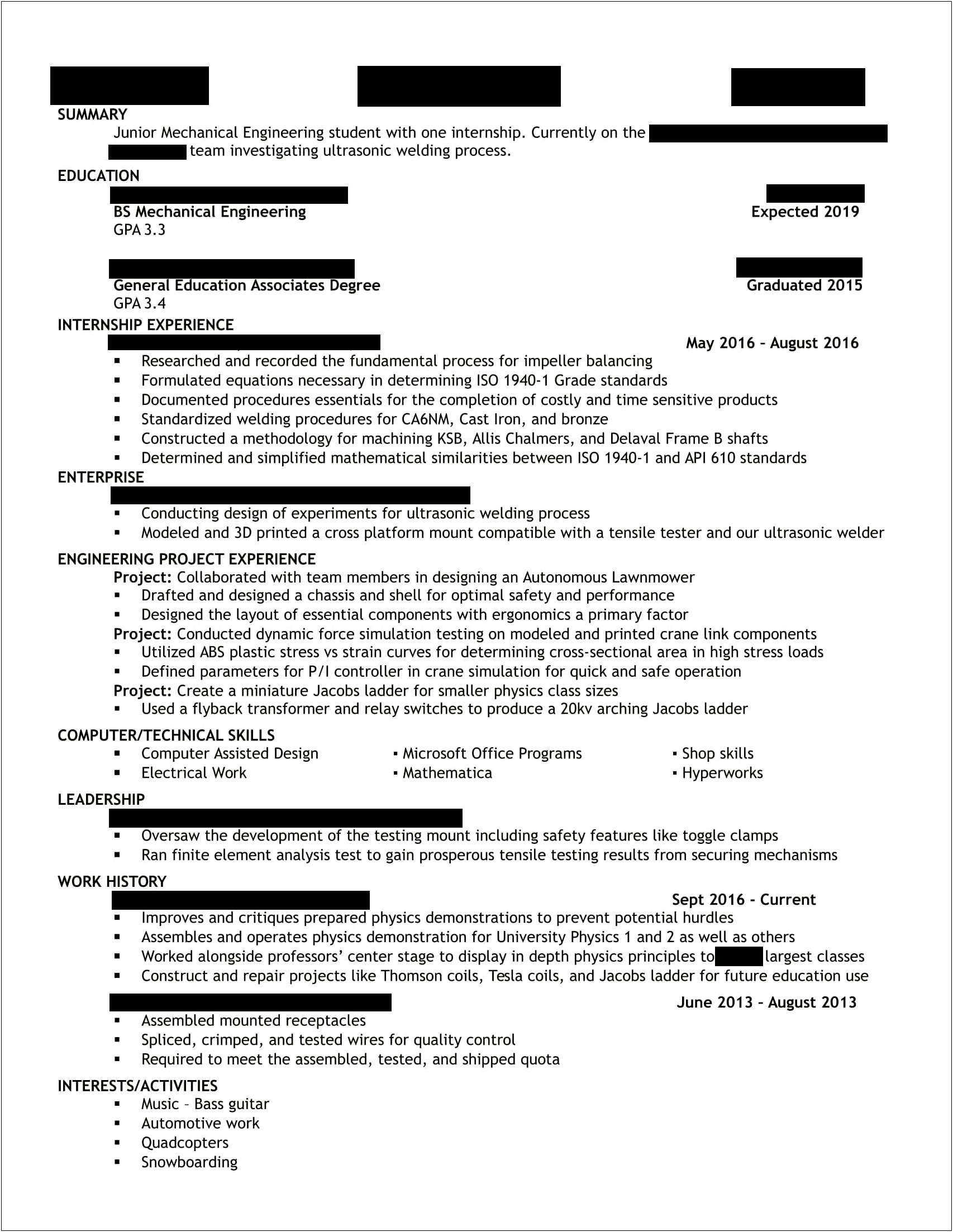 Sample Student Resume No Work Experience Enigneering
