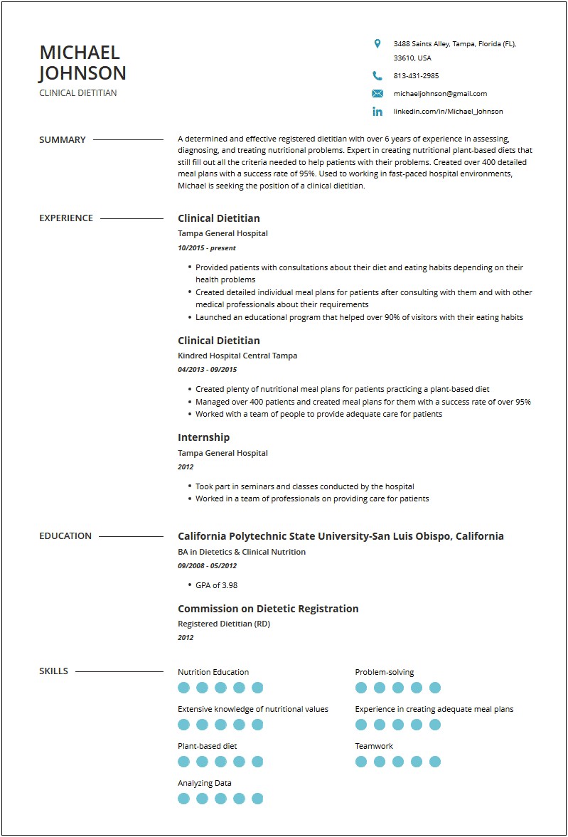 Sample Summary For A Dietitian Resume