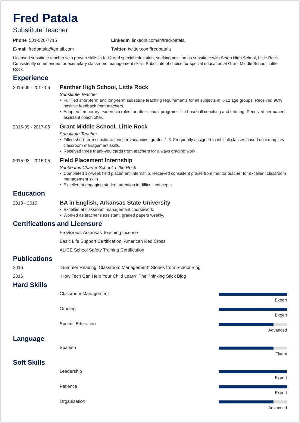 Sample Teaching Resume With Leave Replacement