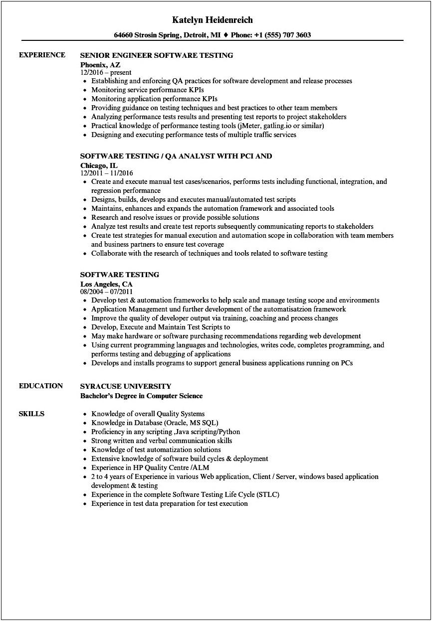 Sample Testing Resume With Banking Experience