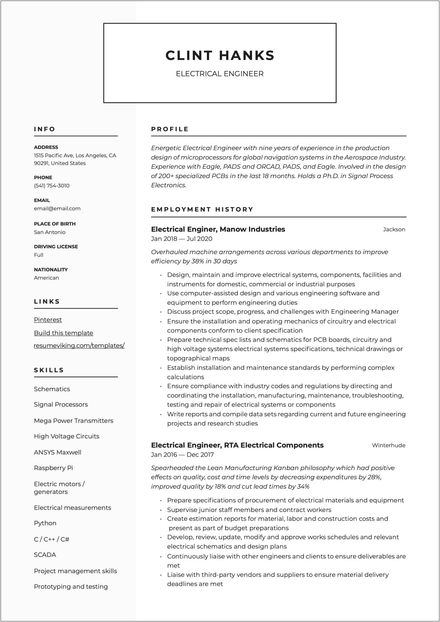 Sample Us Electrical Engineer Applicant Resumes