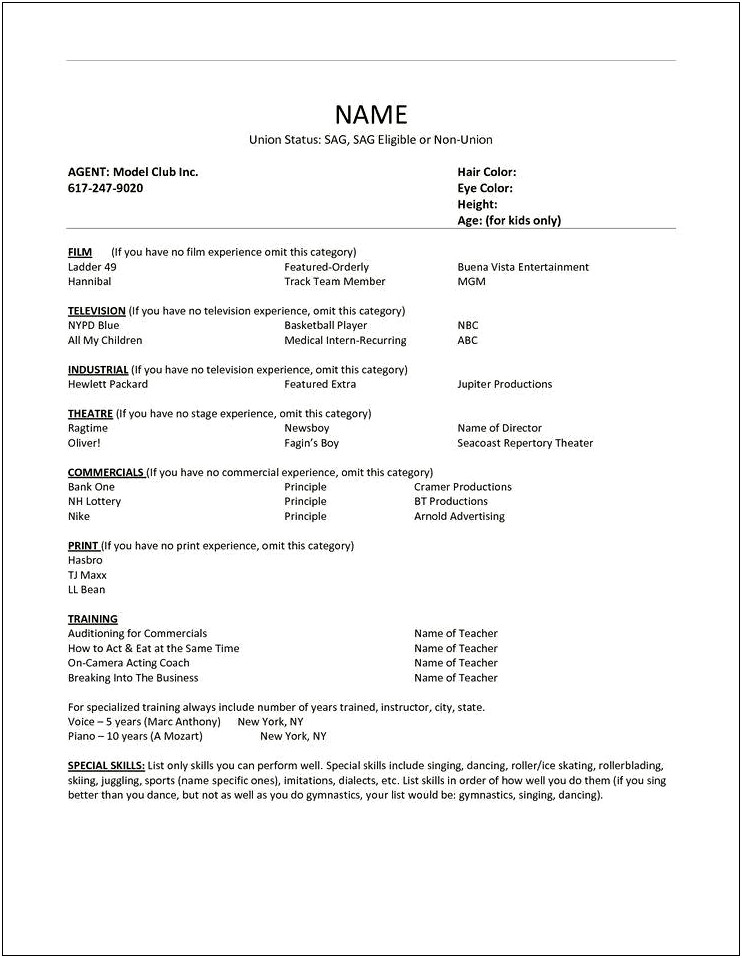 Samples Of Acting Resumes With No Experience