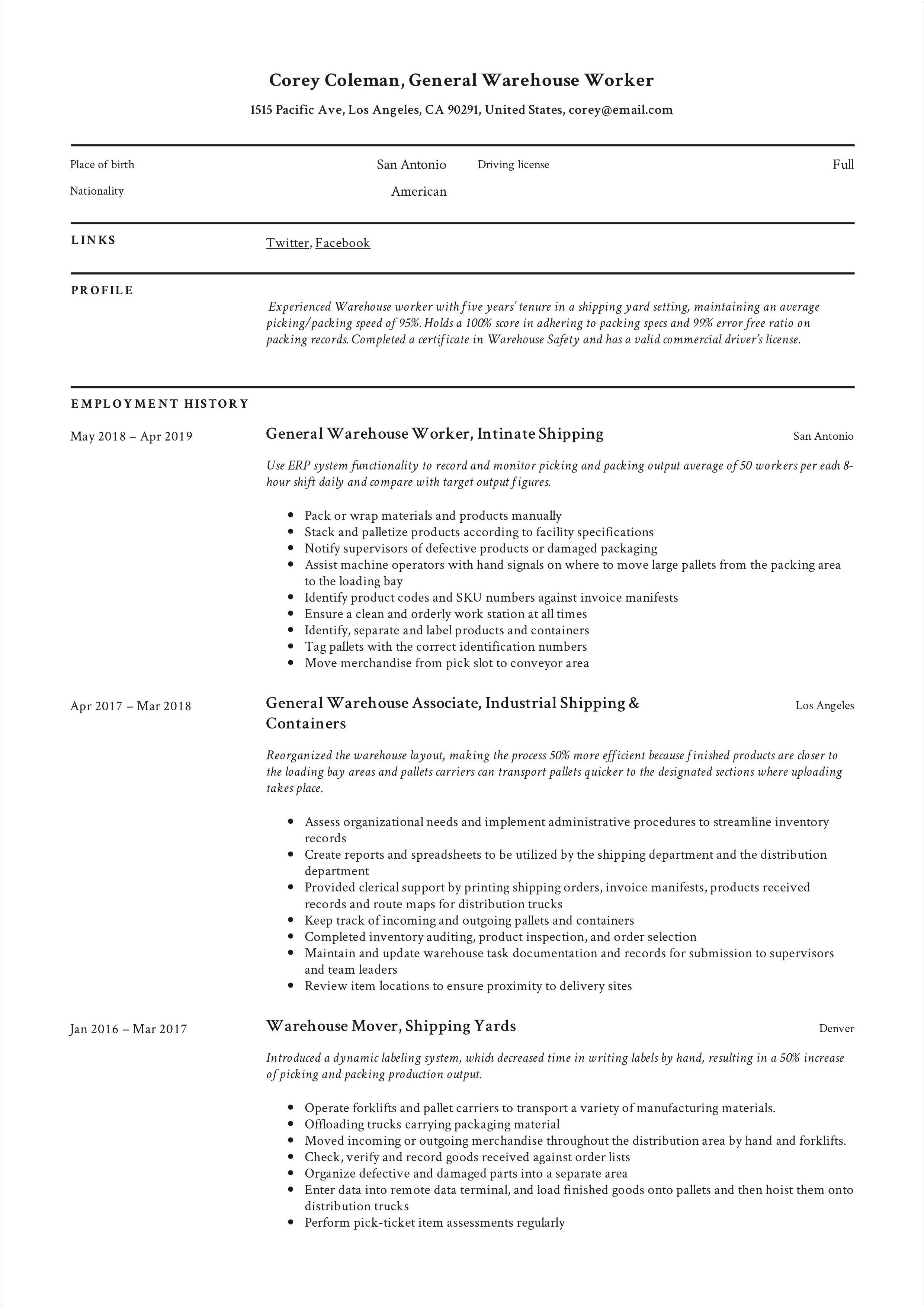 Samples Of Combination Resumes For Warehouse Positions
