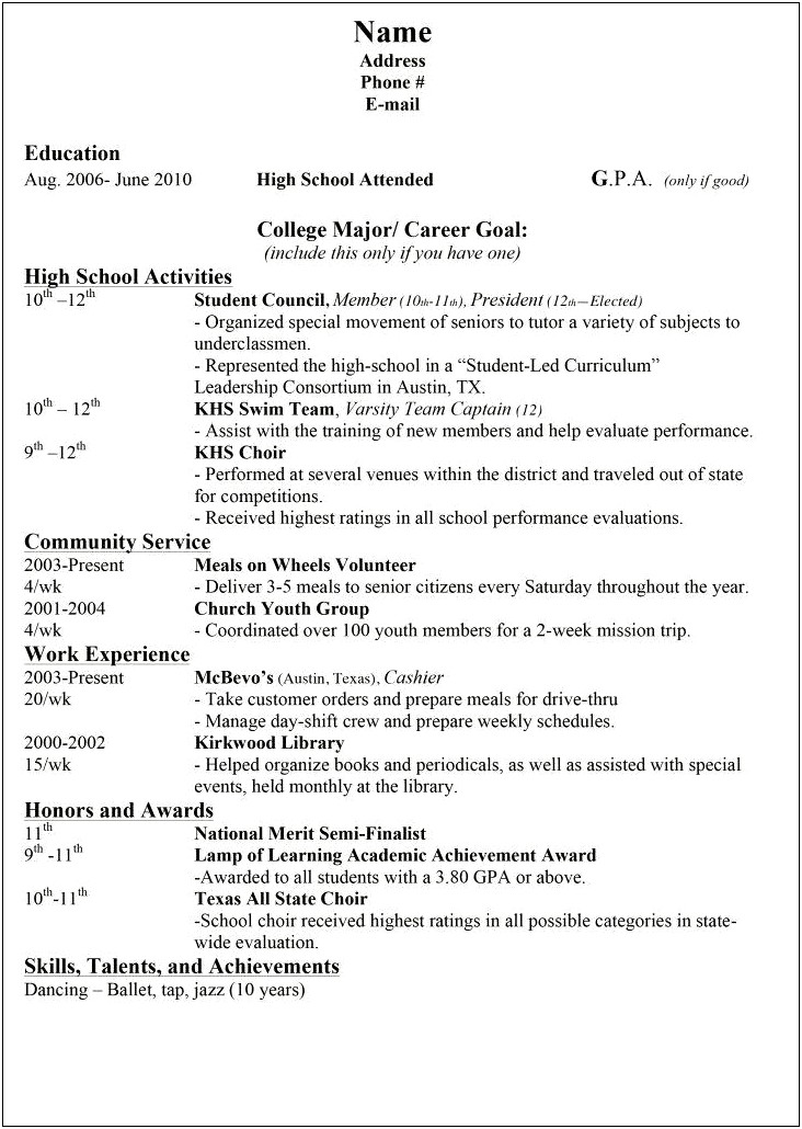 Samples Of High School Student Resumes For College