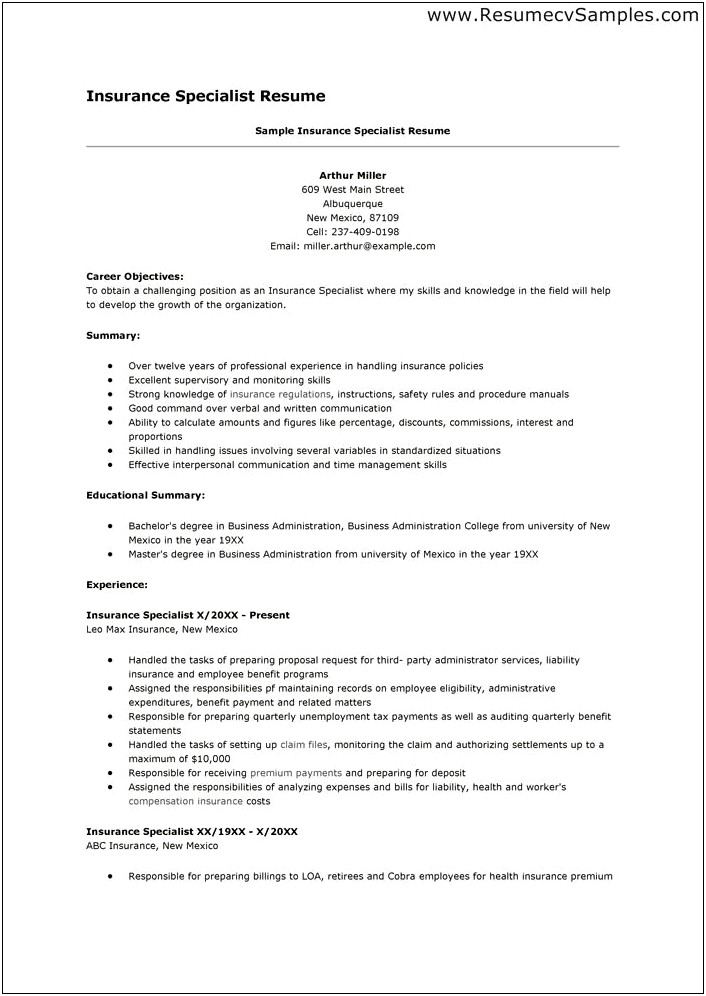 Samples Of Objectives On A Resume For Insurane