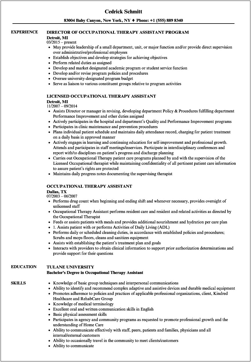 Samples Of Occupational Therapy Assistant Resume