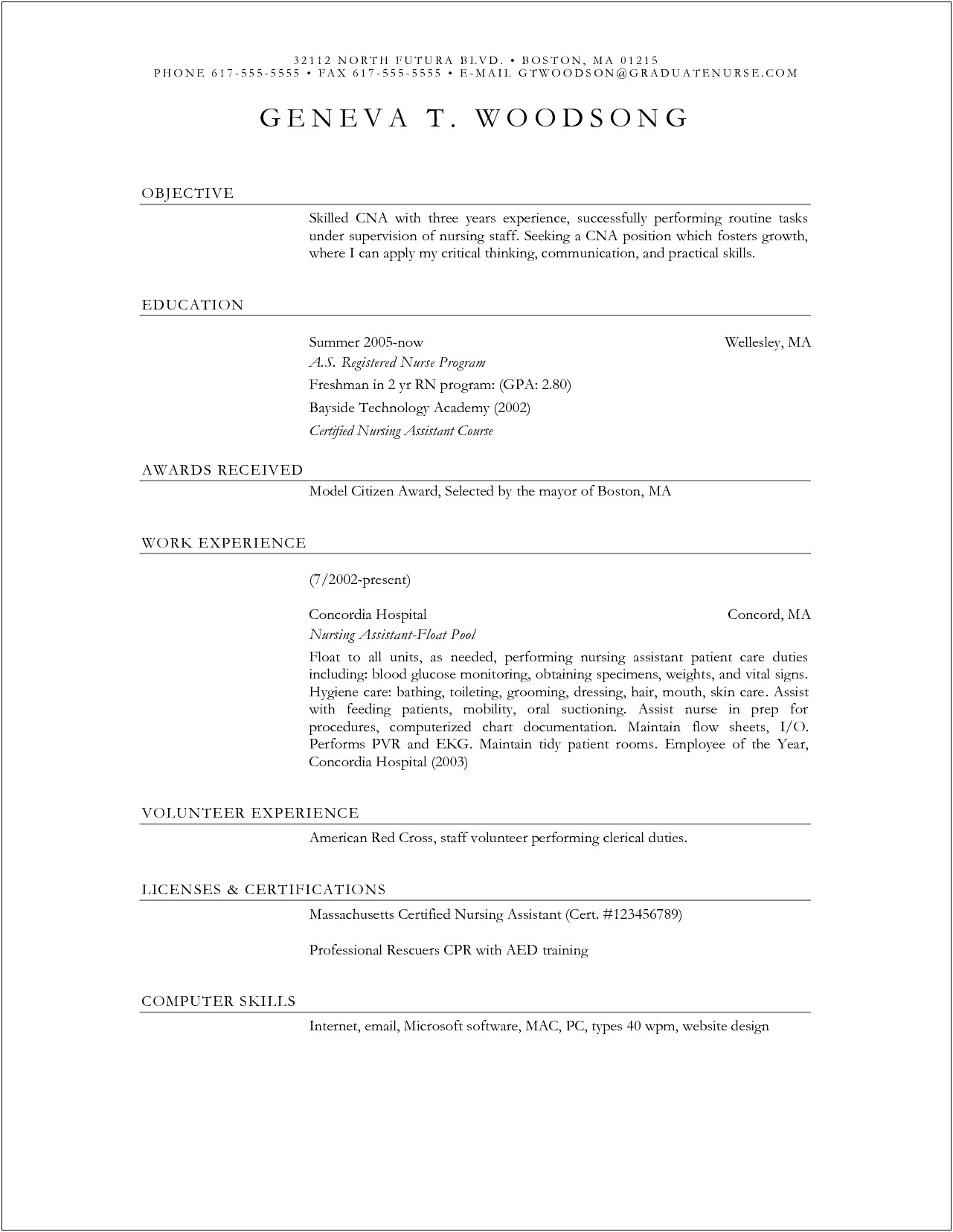 Samples Of Resume For A Cna