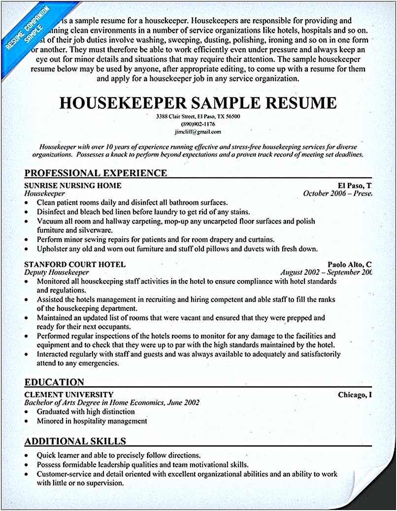 Samples Of Resume For Housekeeping Samples