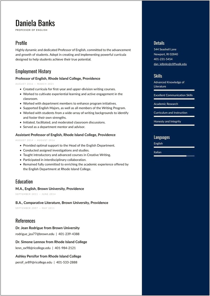 Samples Of Resume Objective For College Professor