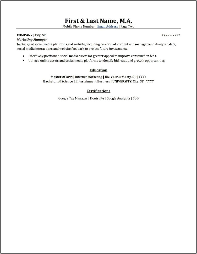 Samples Of Resume Of Work Experience For Marketing
