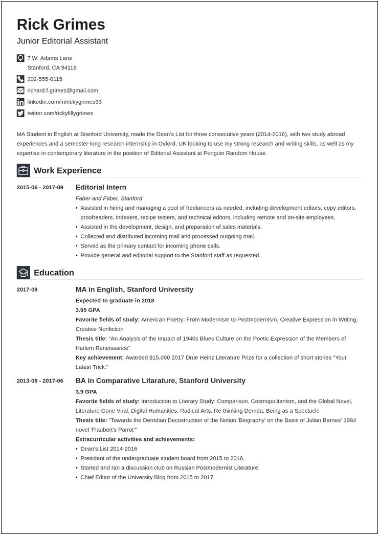 Samples Of Resume Profile For Grad School