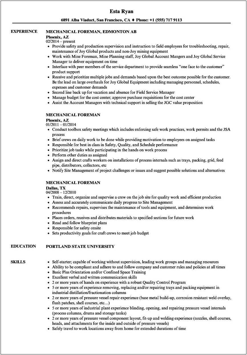 Samples Of Resumes For Construction Foreman