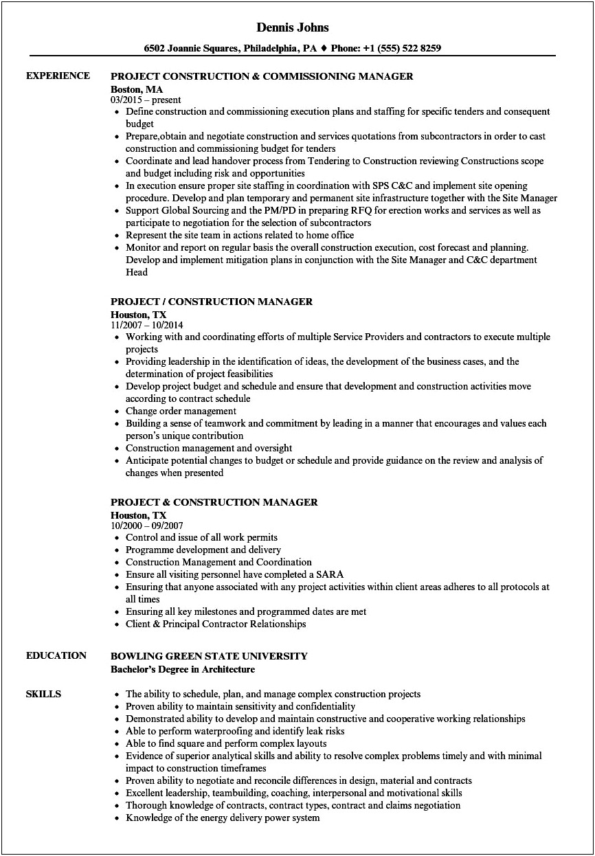Samples Of Resumes For Construction Project Management