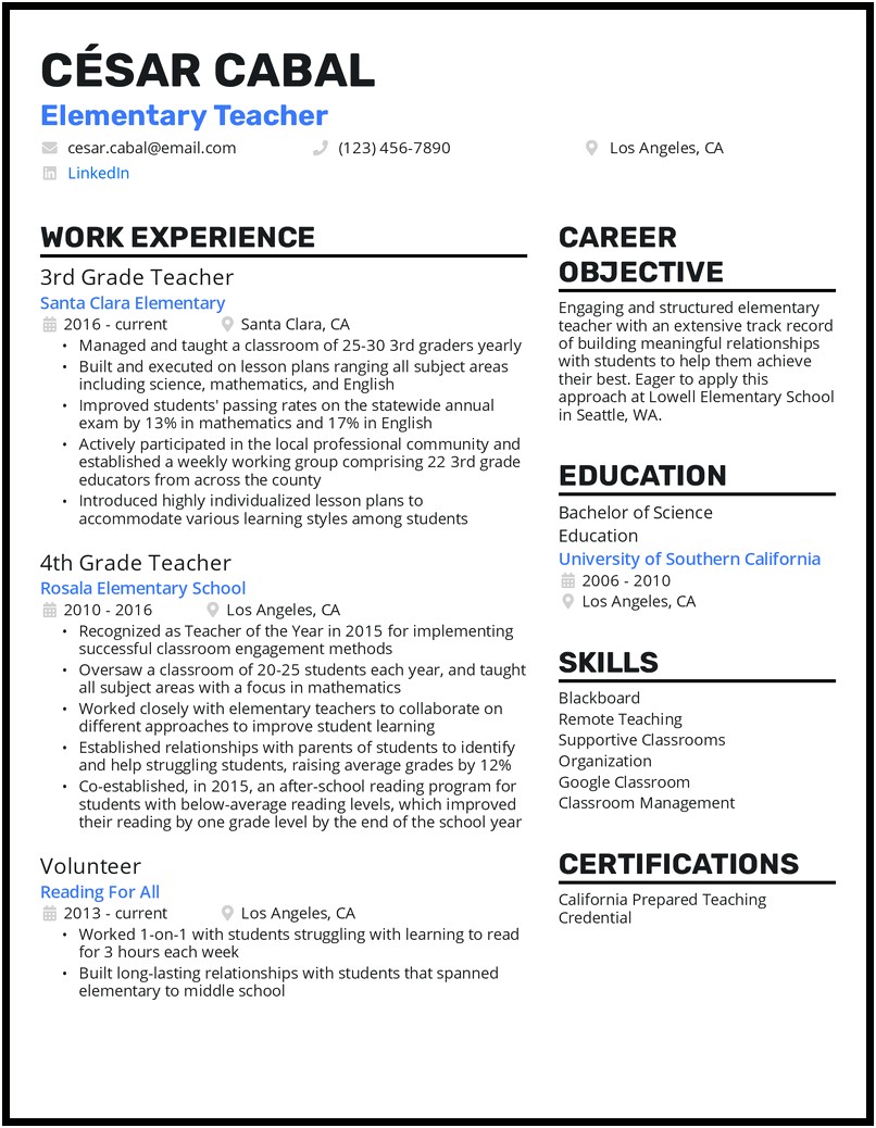 Samples Of Teacher Resumes With Objective