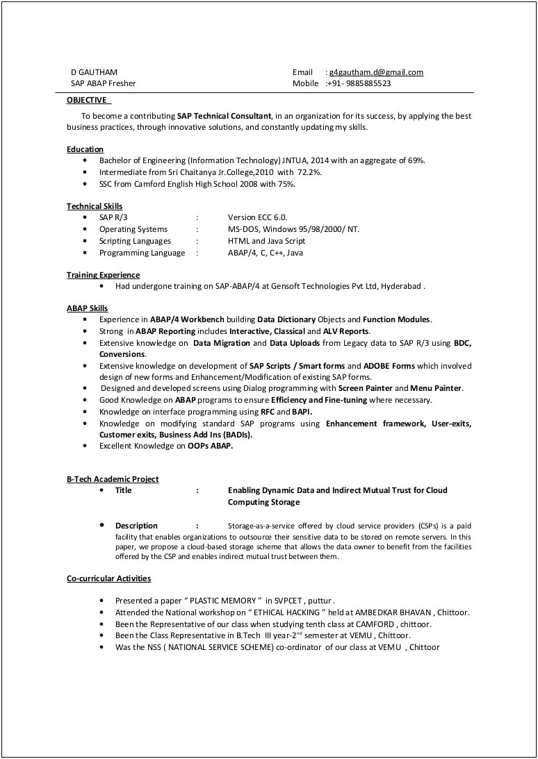 Sap Abap Resume For 3 Years Experience