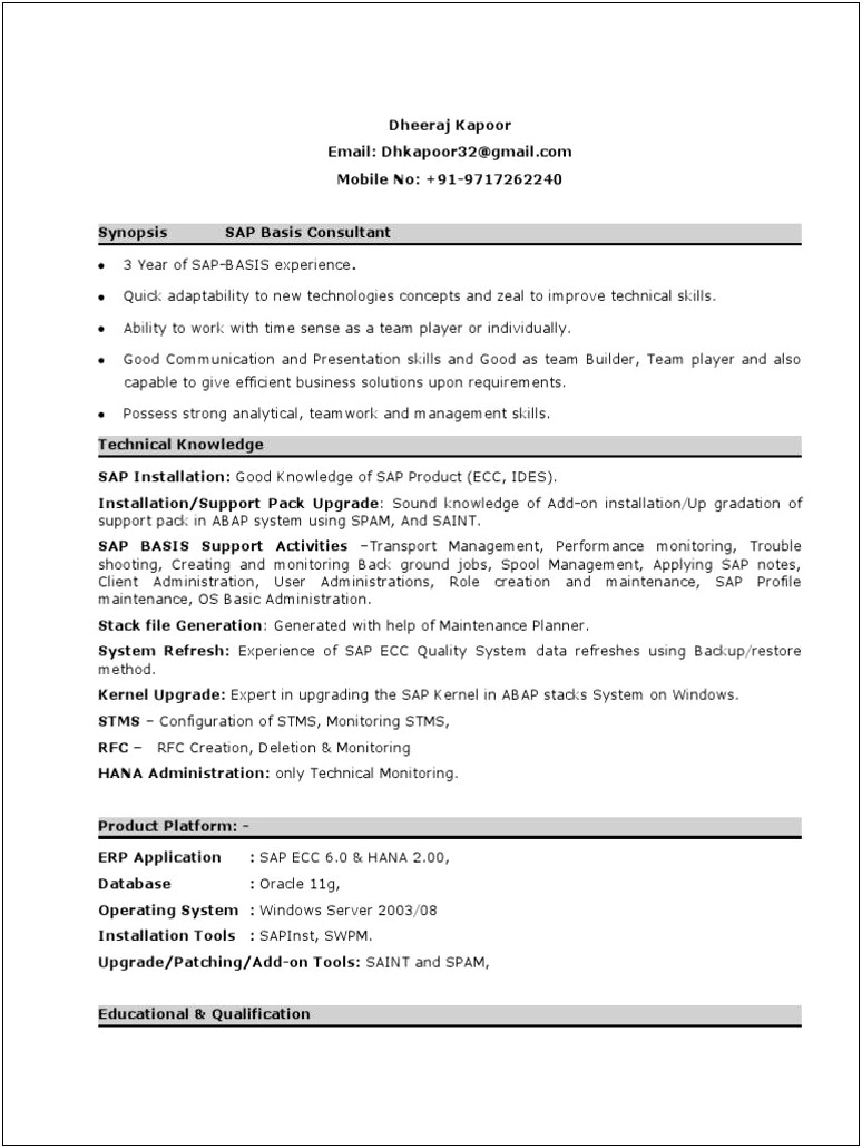 Sap Basis Consultant Resume 3 Years Experience