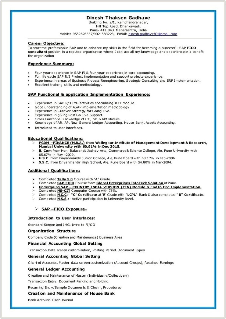 Sap Fico Resume Format 3 Years Experience