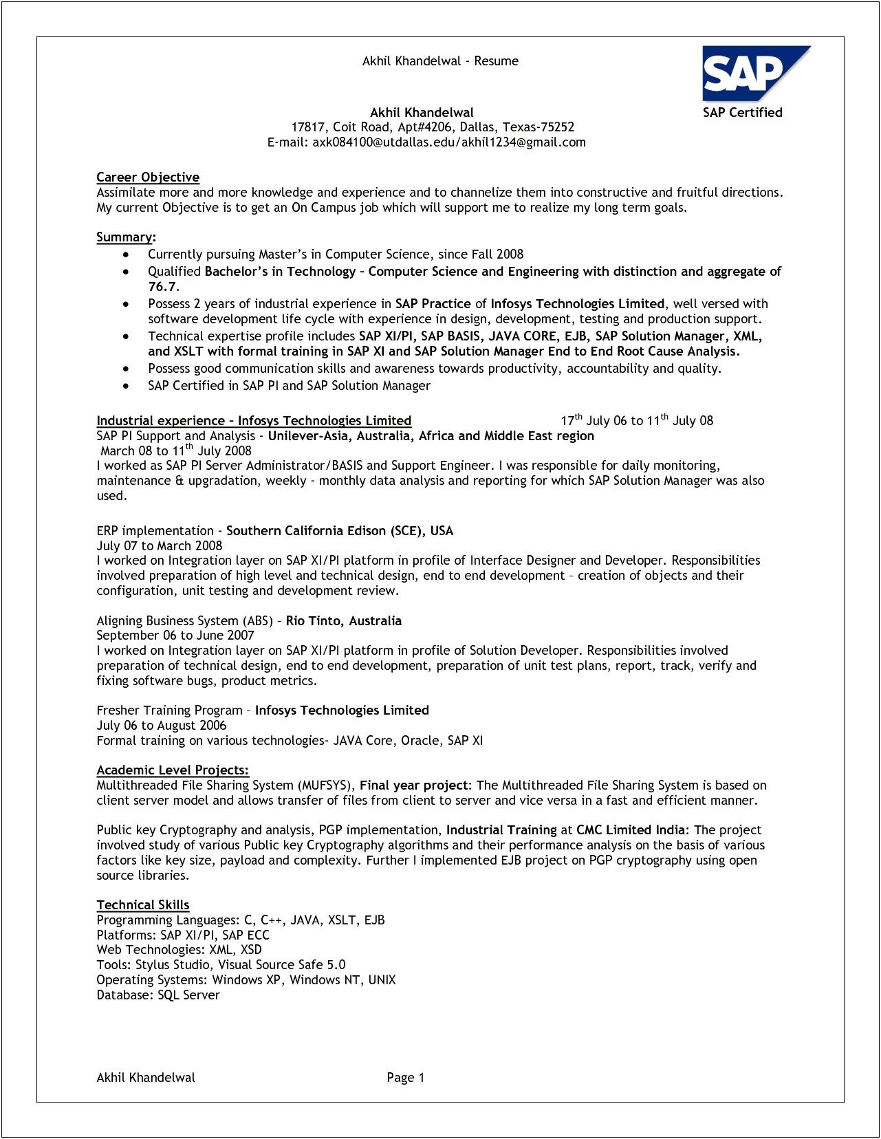 Sap Mm End User Experience Resume