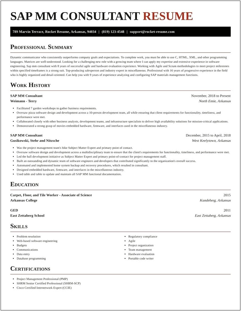 Sap Mm Support Consultant Sample Resume