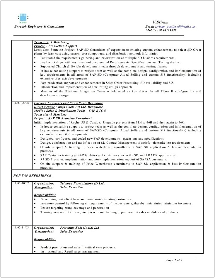 Sap Sd 3 Years Experience Resume Free Download