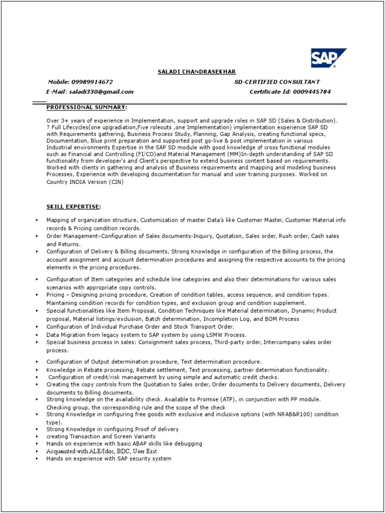 Sap Sd Associate Consultant Resume Sample