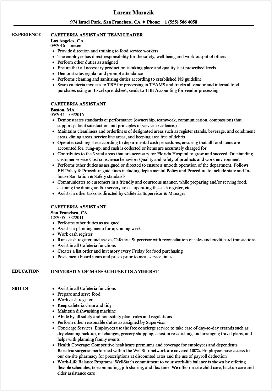 School Cafeteria Worker Job Description Resume