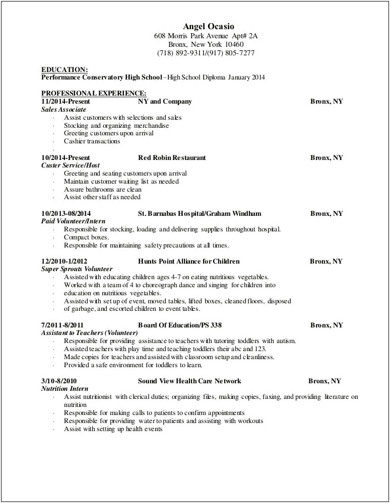 School Child Nutrition Professional Assistant Resume