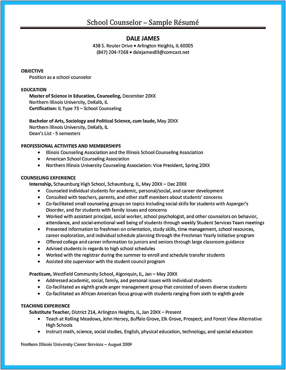 School Counseling License Listed On Resume