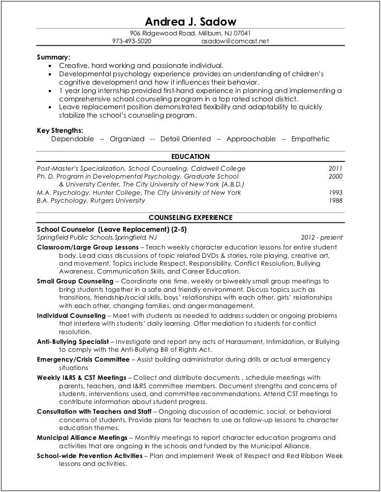 School Counselor Resume For New Graduate