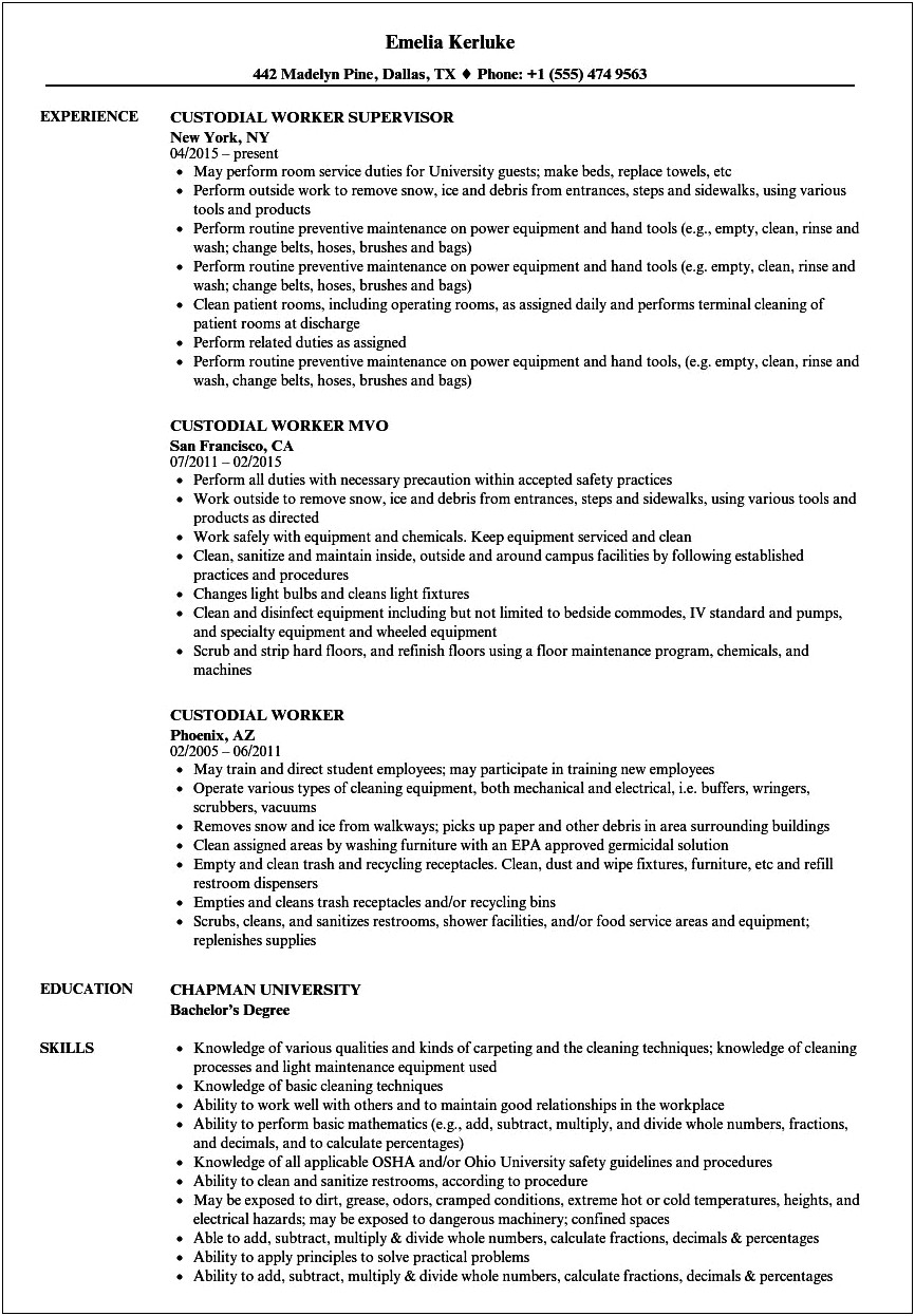 School Custodian Job Description For Resume