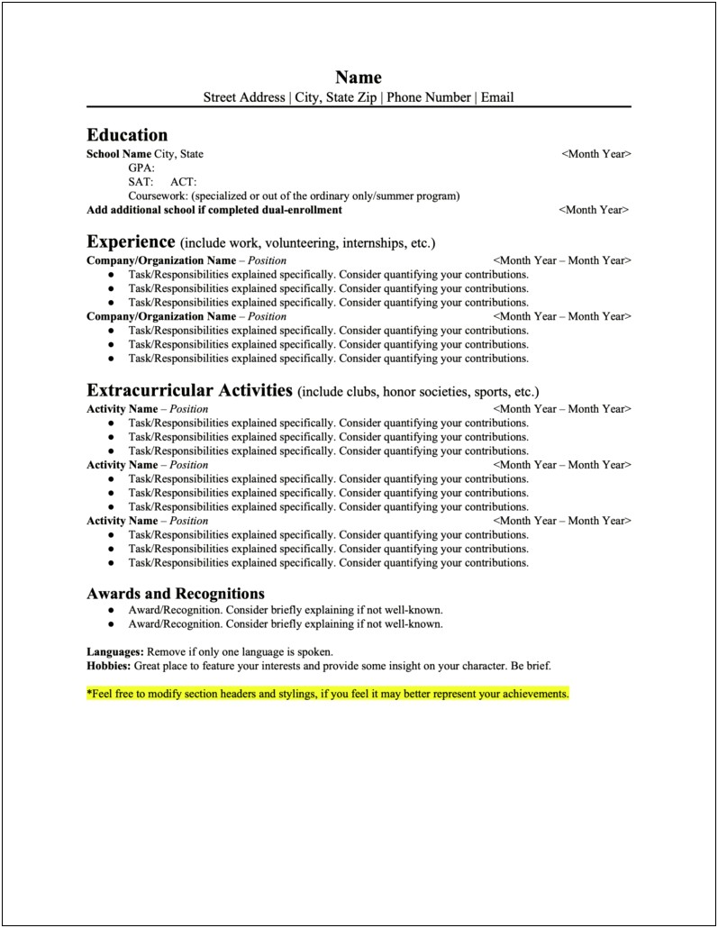 School Enrolment For Student Academic Resume