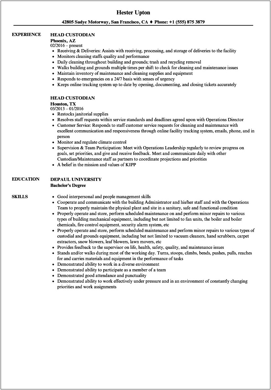 School Lead Custodian Resume Summary Of Skills