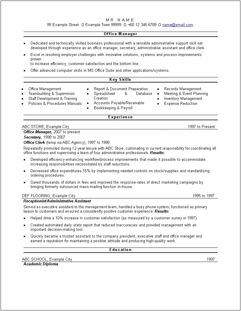School Office Manager Resume Occupational Education