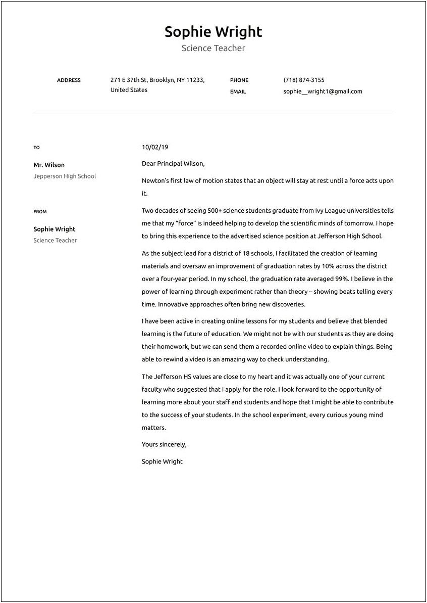 School Teacher Resume Cover Letter Sample