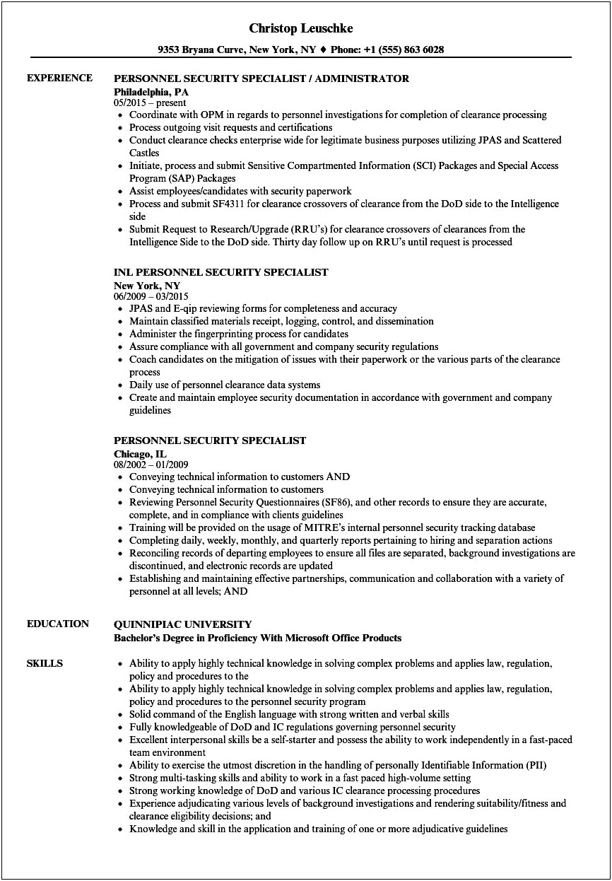 Security Clearance On Resume Example After Retired