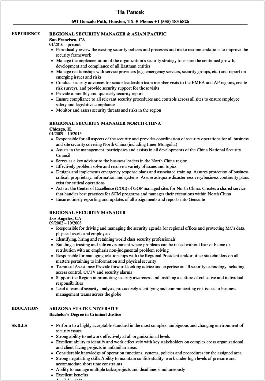 Security Director Of Operations Sample Resume