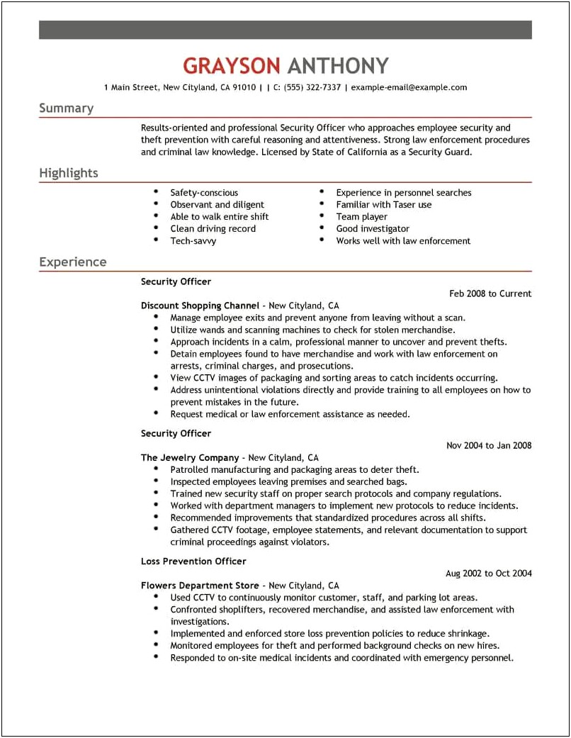 Security Guard Professional Summary For Resume